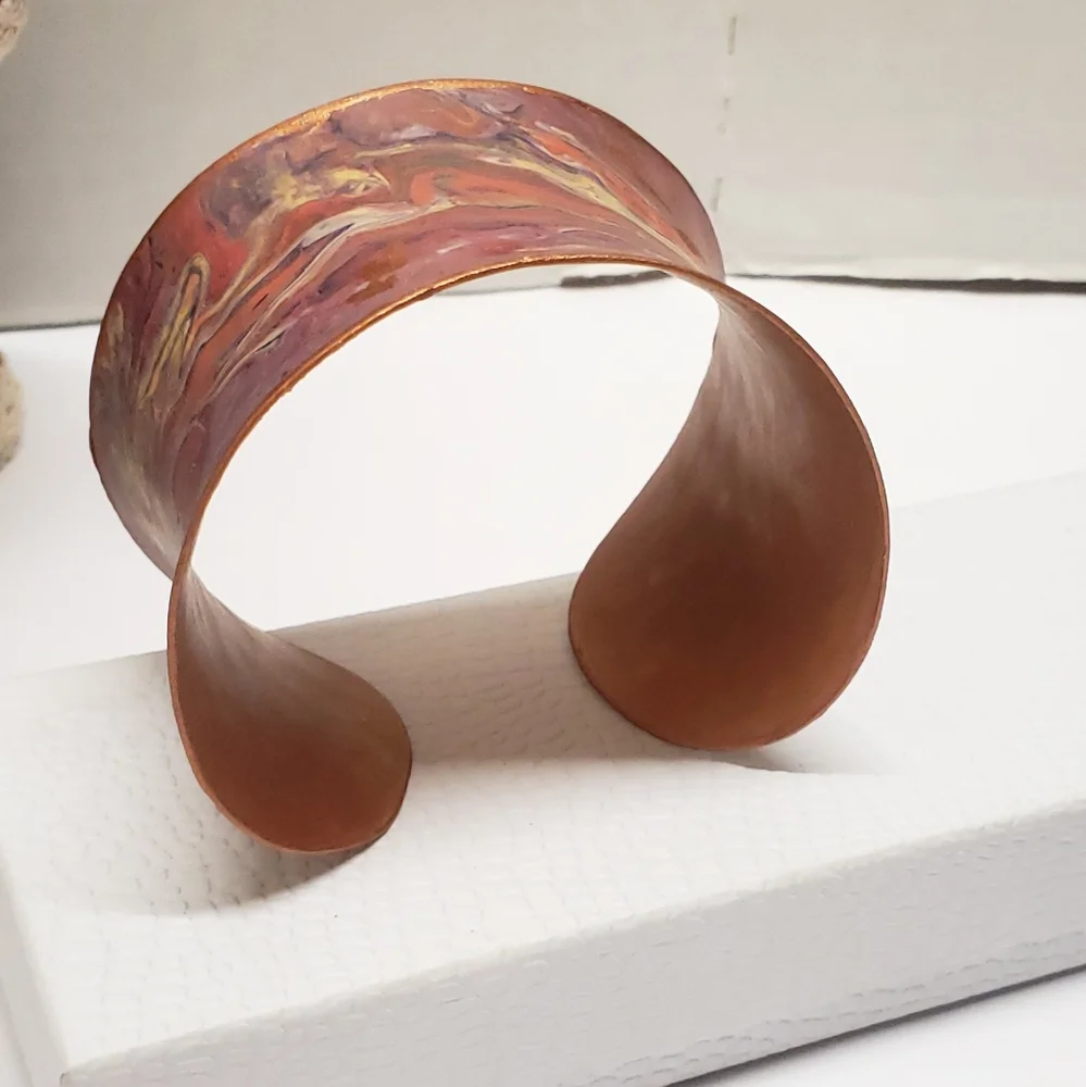 Hand Painted Acrylic Pour Pink Purple & Copper Metallic Swirl Cuff Bracelet